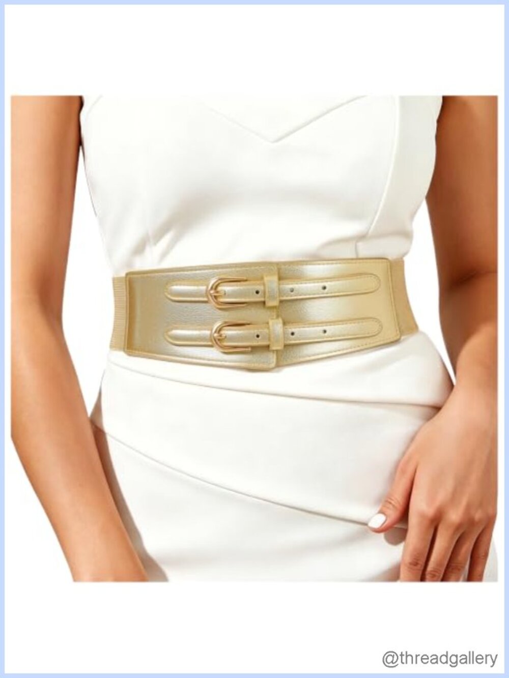 Women Wide Elastic PU Leather Waist Belt Double Gold Buckle Corset Wrap